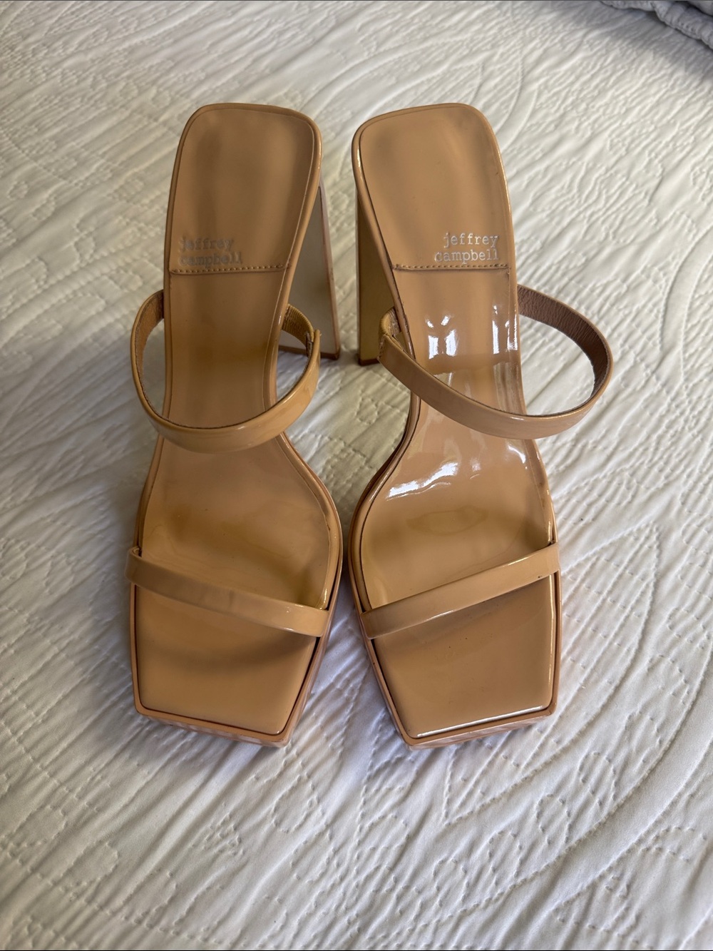 Jeffrey Campbell Patent Tan Square-Toe Strappy Block Heels
